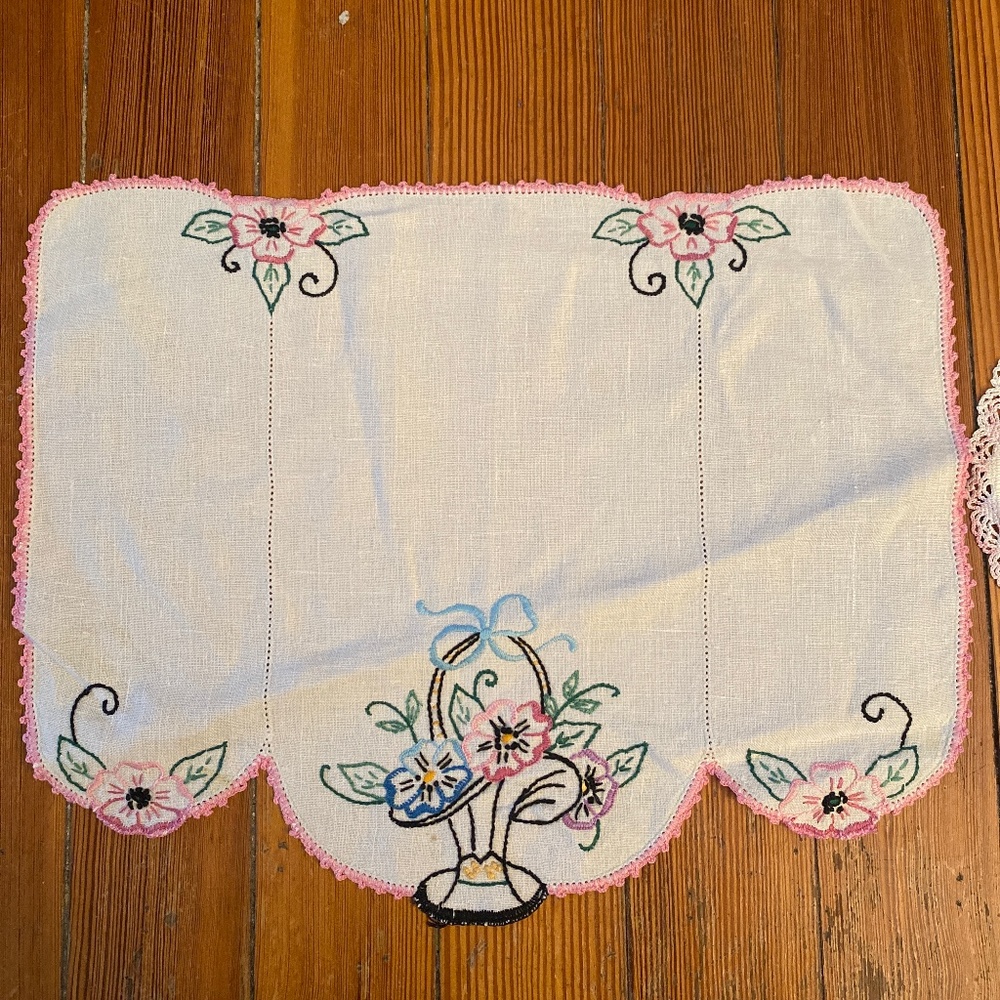 Hand stitched dresser linens
